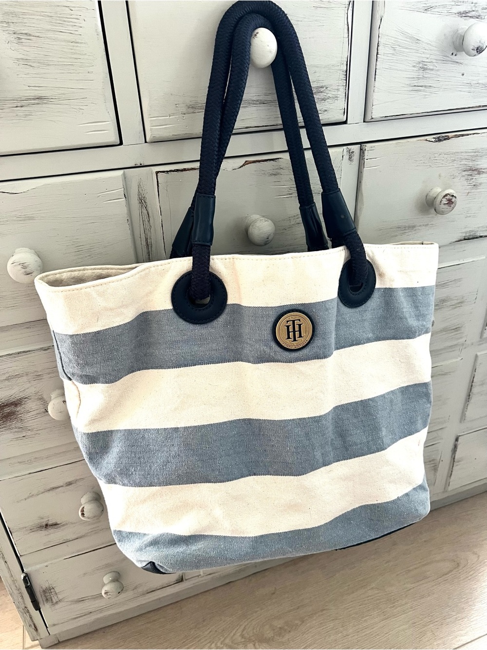 Tommy Hilfiger Navy Rope Handle Blue & White Striped Canvas Tote